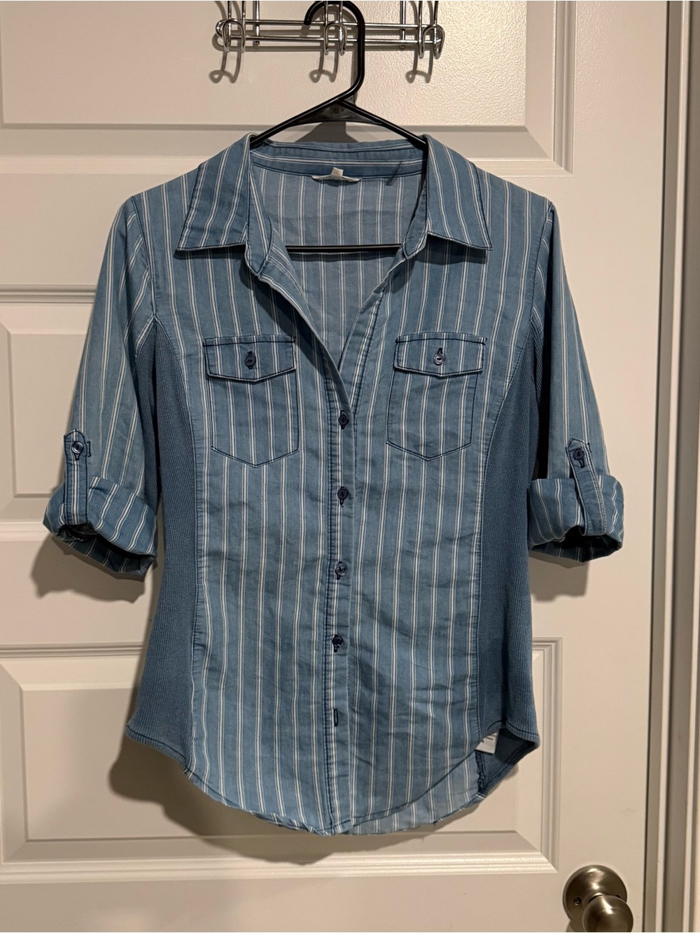 Cisono Blue Striped Button Down Roll Tab Sleeve Shirt Medium